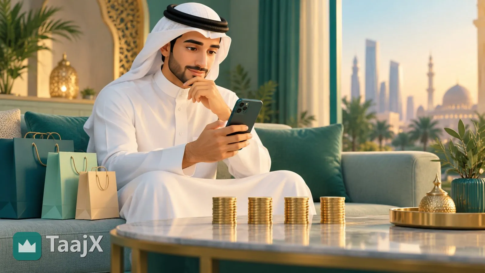 رسم توضيحي: شاب يتصفح التسوق على هاتفه وأمامه عملات مقسّمة إلى أربع أكوام متساوية