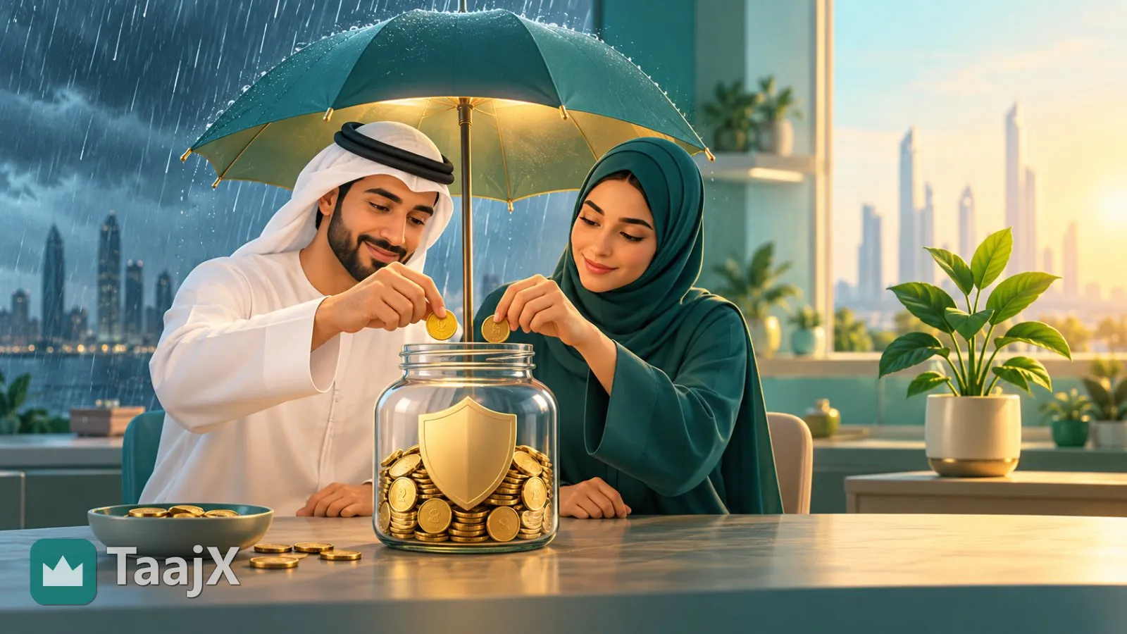 Illustration: a couple adding coins to a savings jar sheltered by an umbrella from the rain