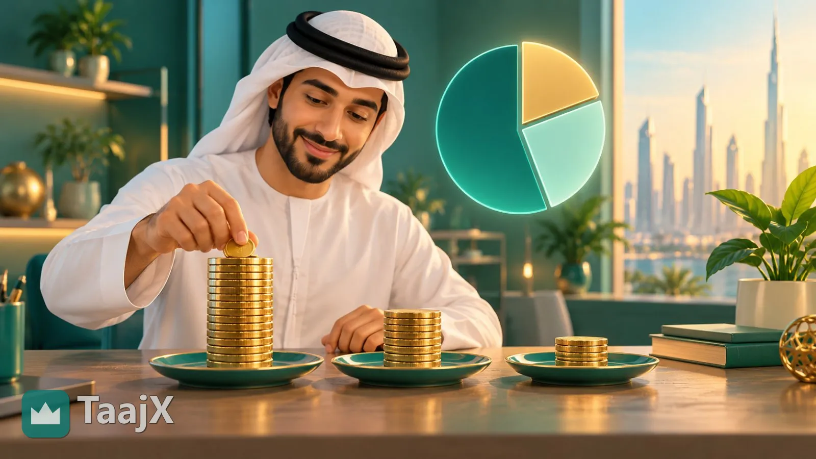 Illustration: a young man dividing coins into three unequal piles beside a pie split into three parts