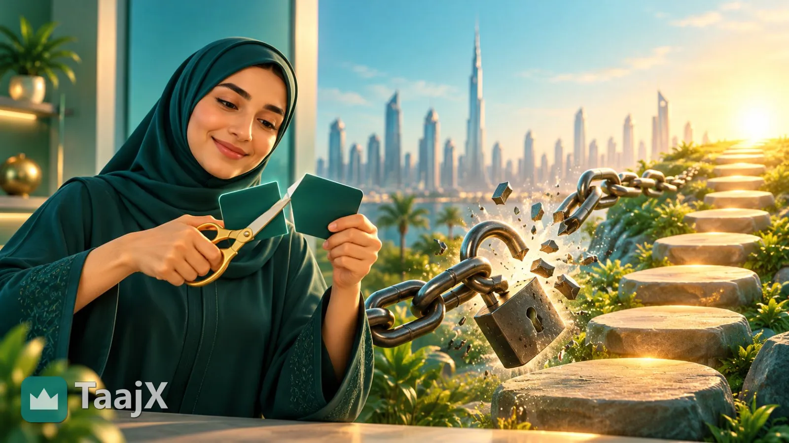 Illustration: a woman cutting up a credit card as a padlocked chain breaks beside her