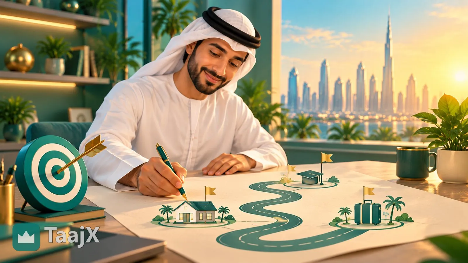 Illustration: a young man sketching a road that leads to three goals: a home, a graduation and a trip