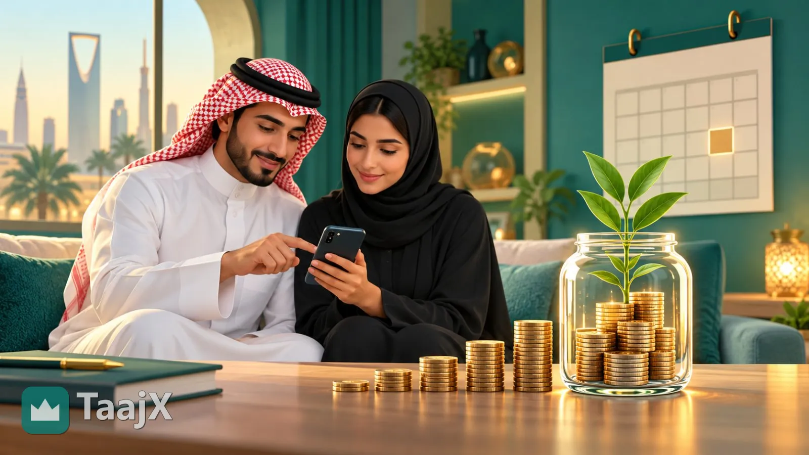 رسم توضيحي: زوجان سعوديان يتابعان مدخراتهما على الهاتف وبجانبهما عملات تنمو منها نبتة داخل برطمان زجاجي