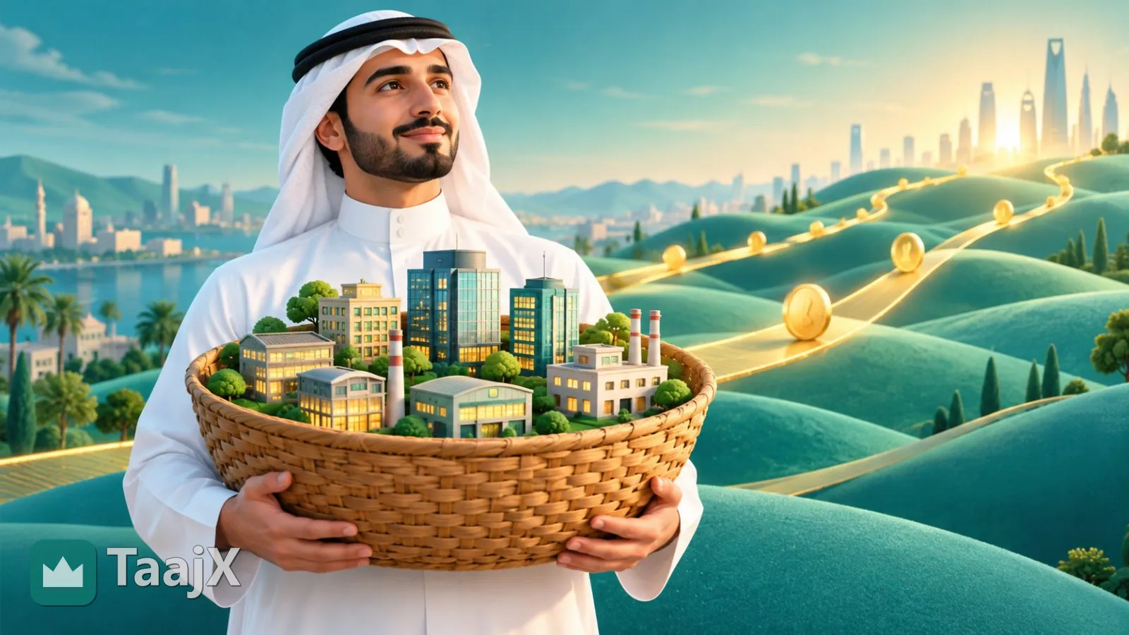 رسم توضيحي: شاب خليجي يحمل سلة واحدة تضم مباني شركات صغيرة كثيرة