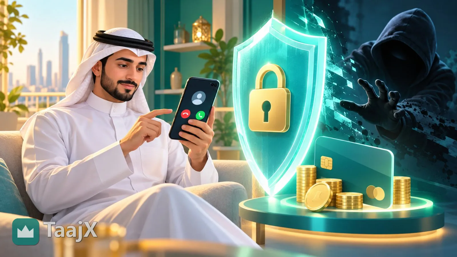 رسم توضيحي: رجل يحمل هاتفه بهدوء بينما يحمي درع وقفل بطاقته البنكية من محتال خلف الشاشة