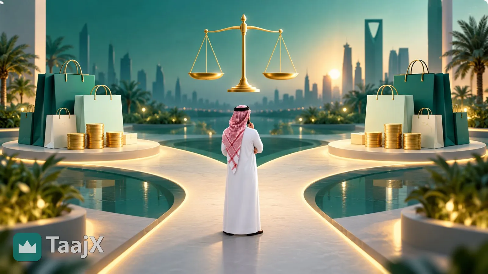 رسم توضيحي: شاب سعودي يقف عند مفترق طريقين متشابهين تنتهي كل منهما بأكياس تسوق وعملات مقسّمة، وبينهما ميزان
