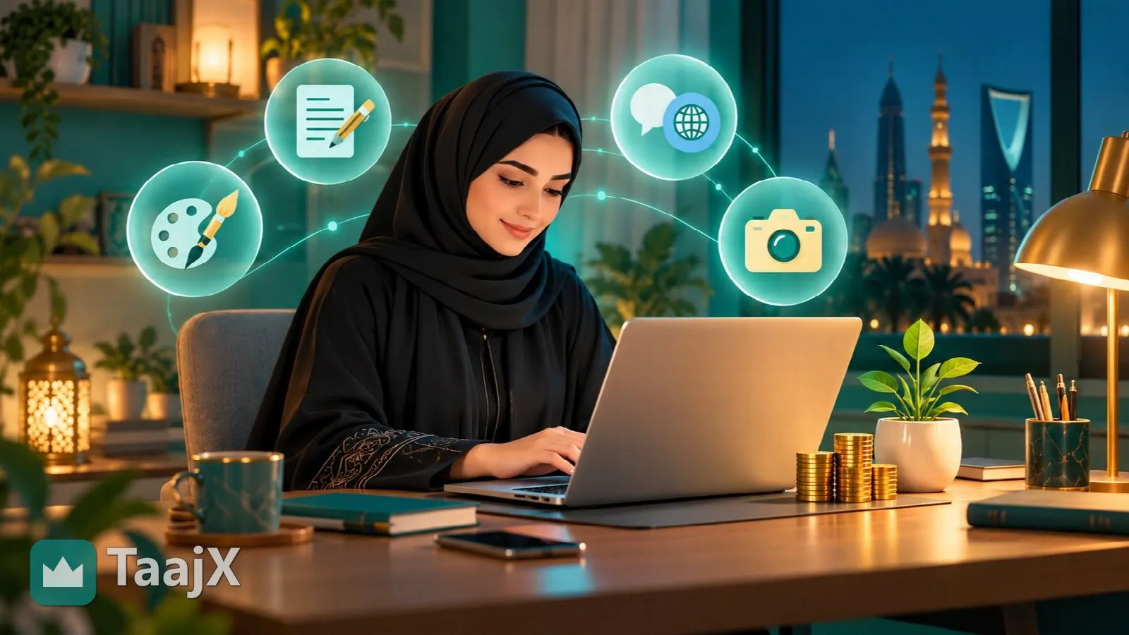 رسم توضيحي: شابة سعودية تعمل على حاسوبها من المنزل وحولها رموز التصميم والكتابة والترجمة والتصوير