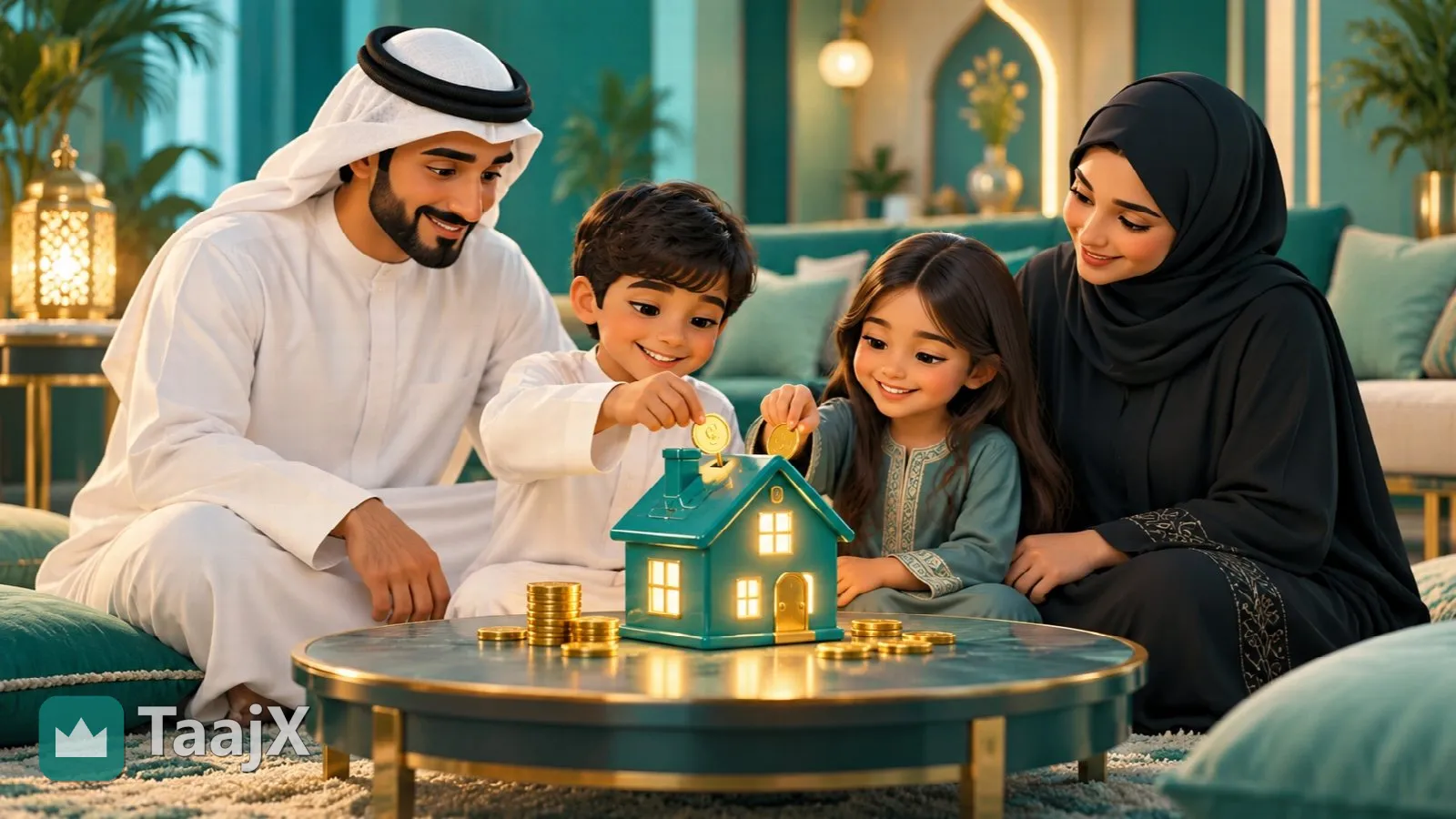 رسم توضيحي: أسرة خليجية في غرفة المعيشة وطفلاها يضعان العملات في حصالة على شكل منزل