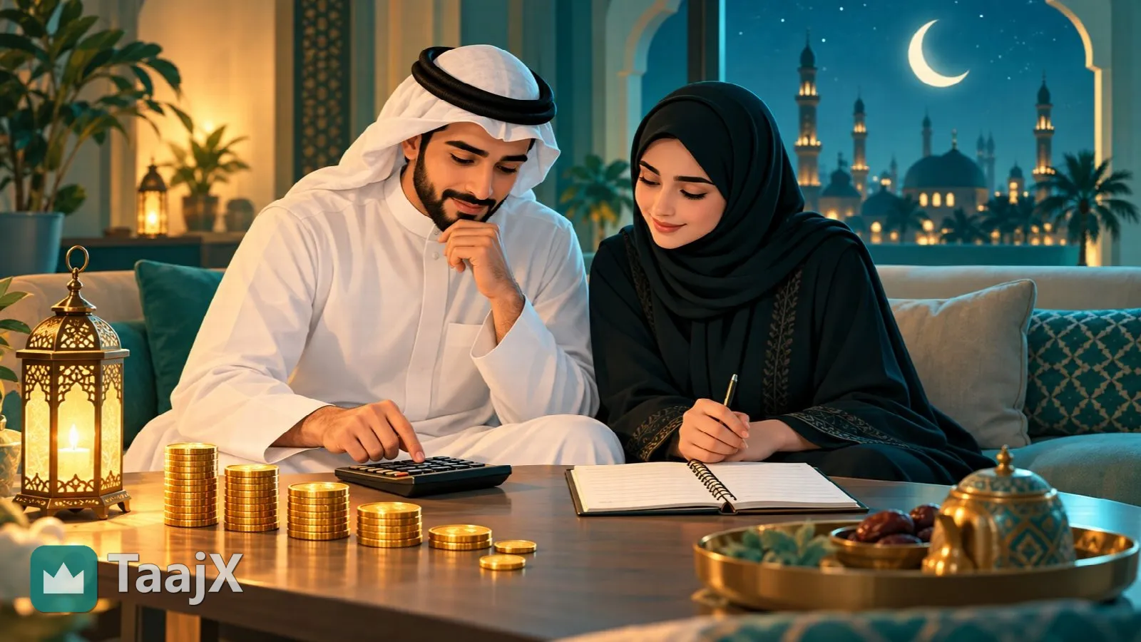 Illustration: a Gulf couple calculating zakat on their savings in a warm Ramadan setting