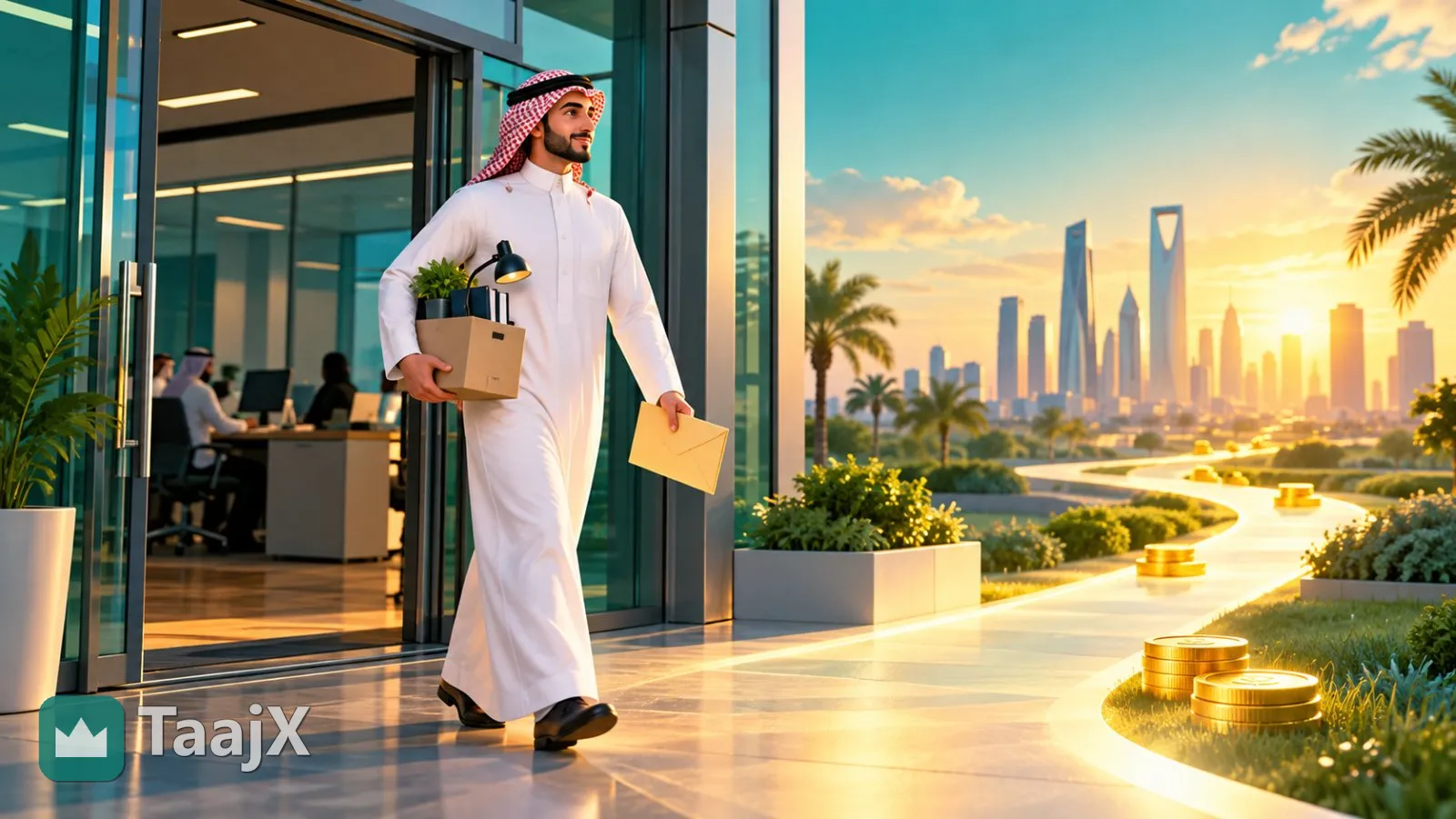 رسم توضيحي: موظف سعودي يغادر مكتبه حاملًا صندوقًا صغيرًا ومظروفًا، وأمامه طريق مضيء نحو مرحلة جديدة