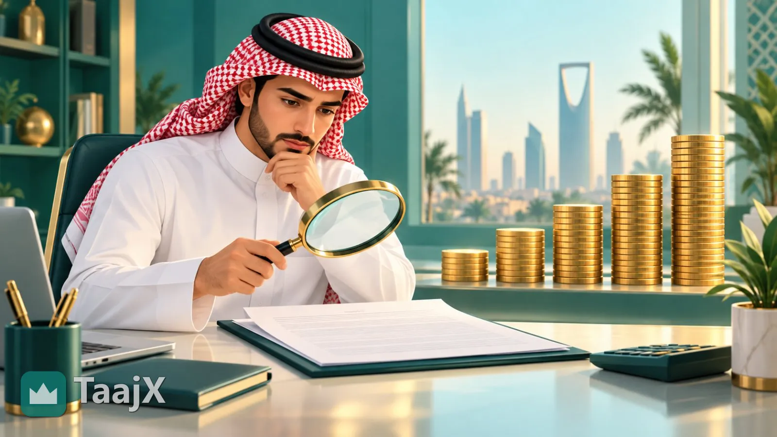 رسم توضيحي: شاب سعودي يتأمل بعدسة مكبرة عقد تمويل أمامه، وخلفه أكوام عملات تزداد