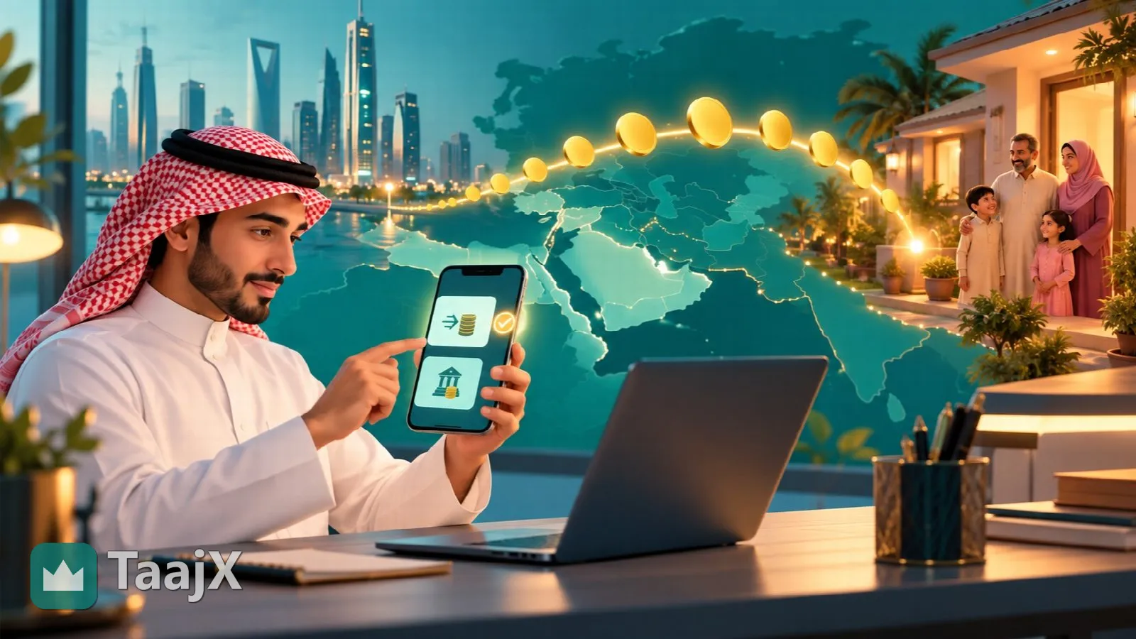 رسم توضيحي: شاب يقارن خيارات التحويل على هاتفه بينما يمتد مسار من العملات فوق خريطة من مدينة خليجية إلى بيت أسرته