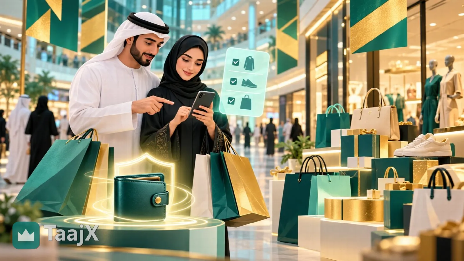 رسم توضيحي: زوجان في مركز تسوق يراجعان قائمة مشتريات قصيرة على الجوال وسط لافتات التخفيضات وأكياس التسوق