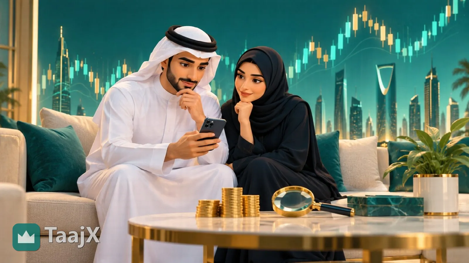 رسم توضيحي: زوجان خليجيان يتابعان اكتتابًا في الأسهم على الهاتف وخلفهما رسم بياني لسوق الأسهم