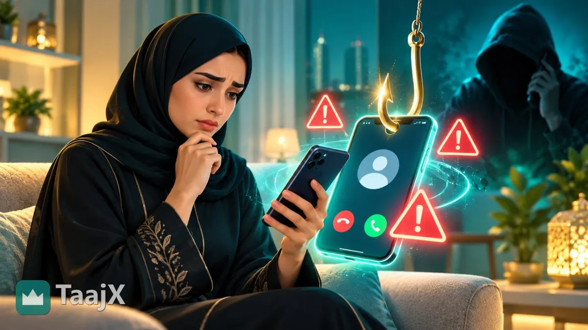 رسم توضيحي: امرأة تتلقى مكالمة مشبوهة على هاتفها وتحيط بالشاشة علامات تحذير وصنارة صيد