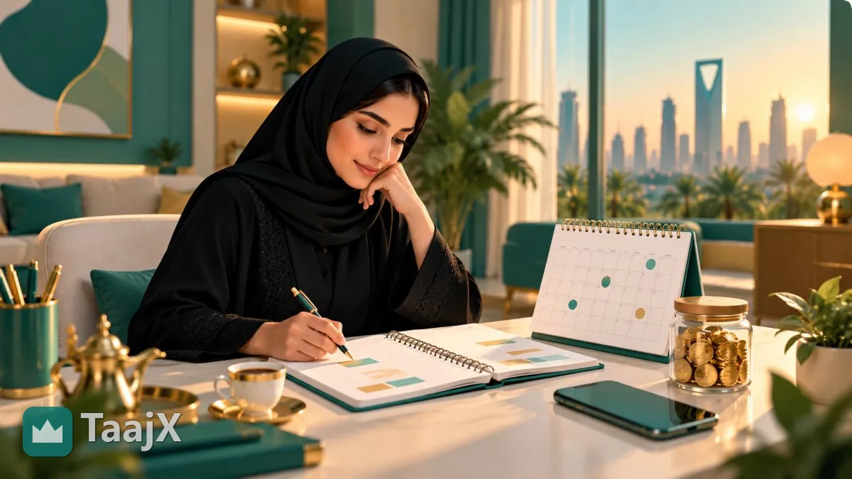رسم توضيحي: امرأة تراجع جدول أقساطها مع موعد الراتب قبل الموافقة