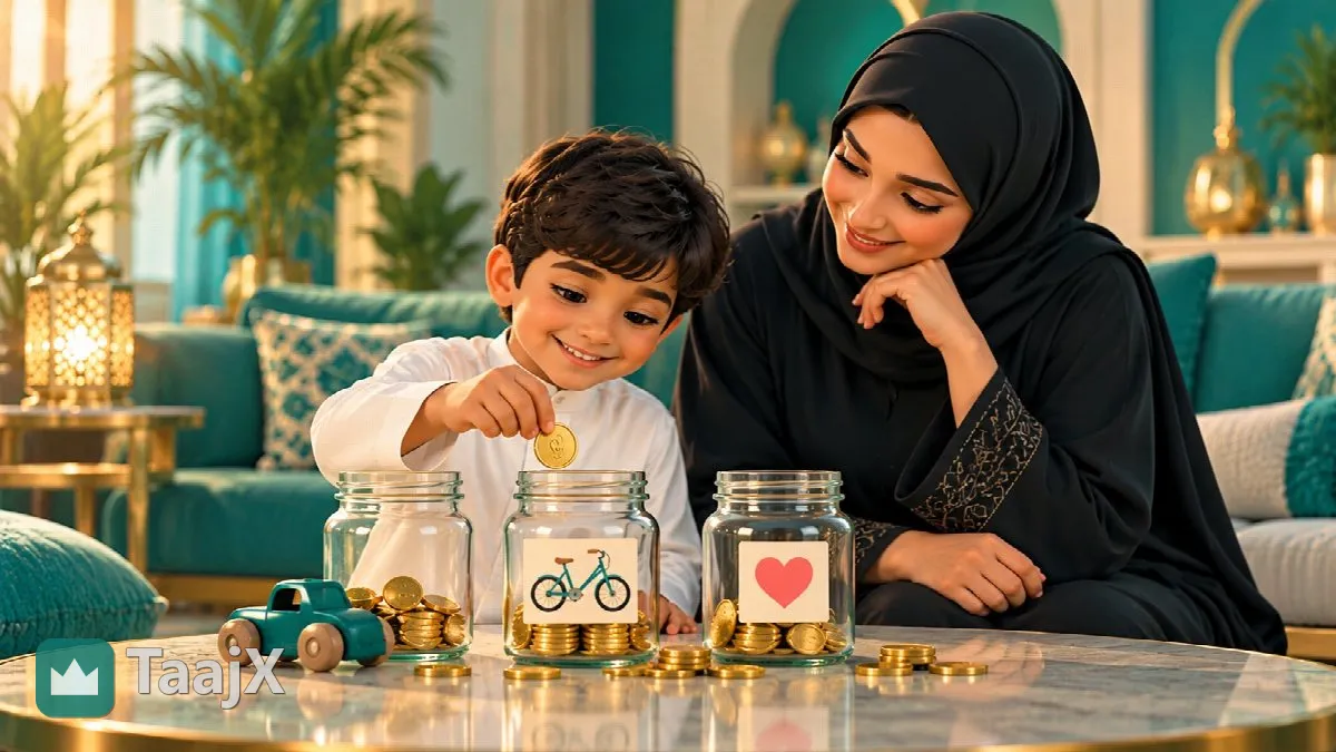 رسم توضيحي: أم تجلس مع طفلها وهو يوزع العملات على ثلاثة أوعية شفافة