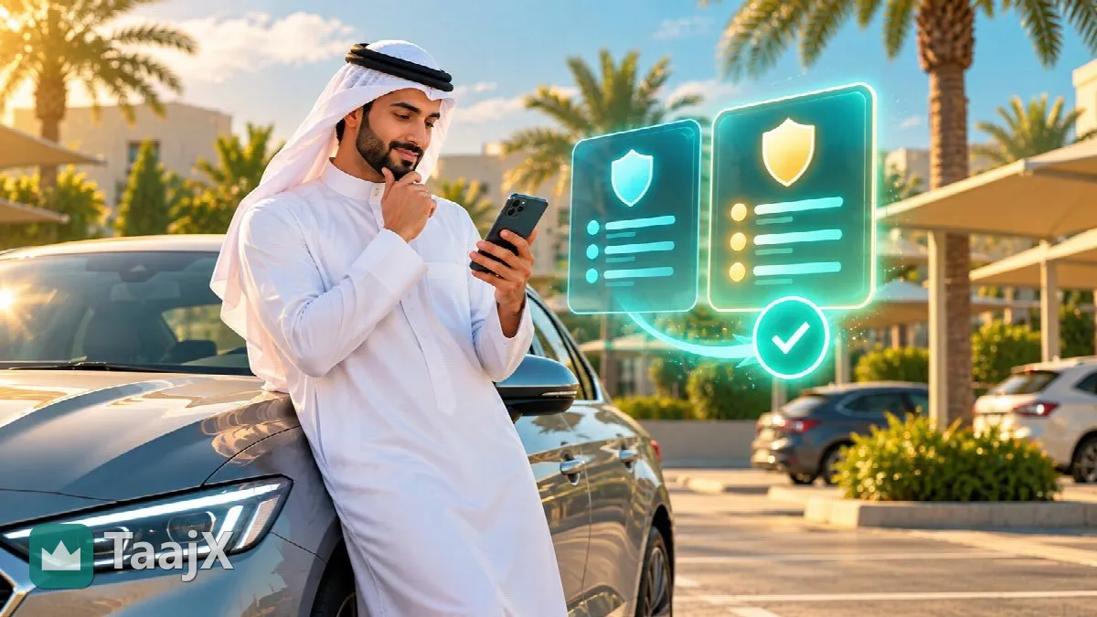 Illustration: a young man compares car insurance quotes on his phone beside his car