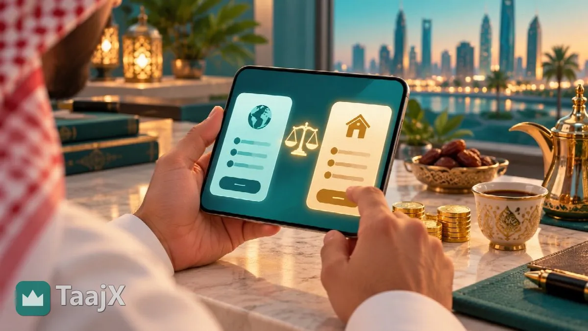 Illustration: hands comparing two transfer offers on a tablet, with a balance scale between them
